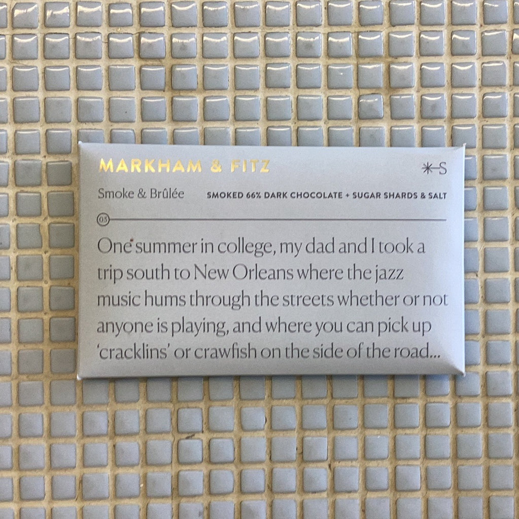 markham & fitz smoke & brulee 66% dark chocolate, sugar shards & salt