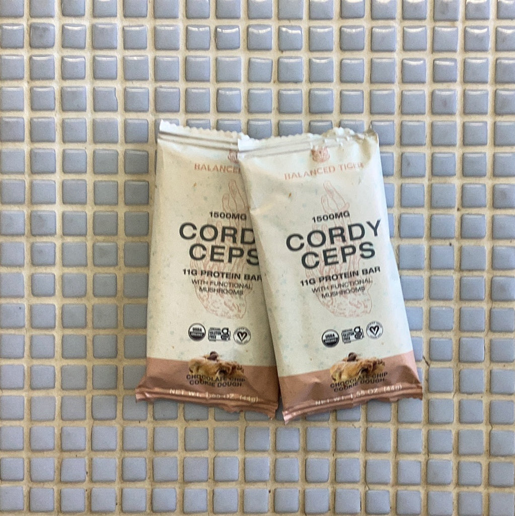 balanced tiger cordyceps chocolate chip cookie dough vegan protein bar