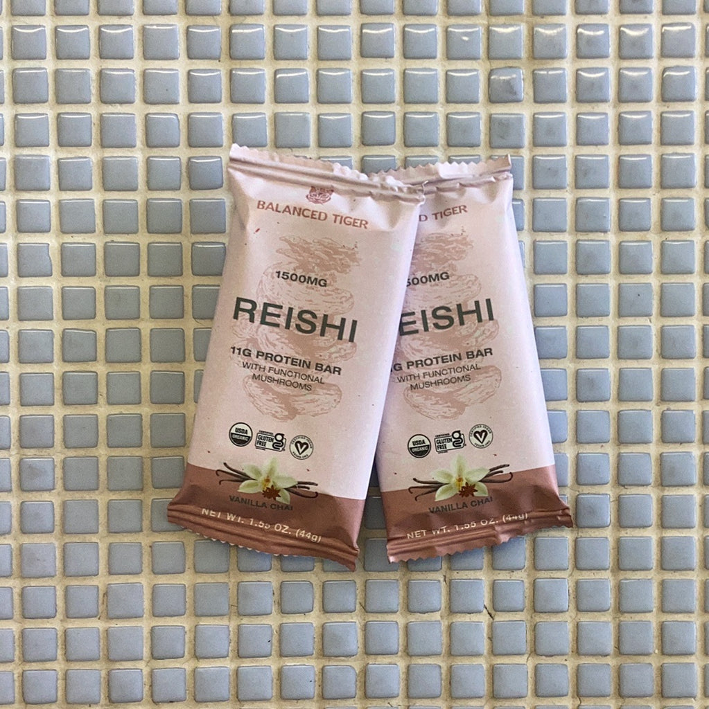 balanced tiger reishi vanilla chai vegan protein bar