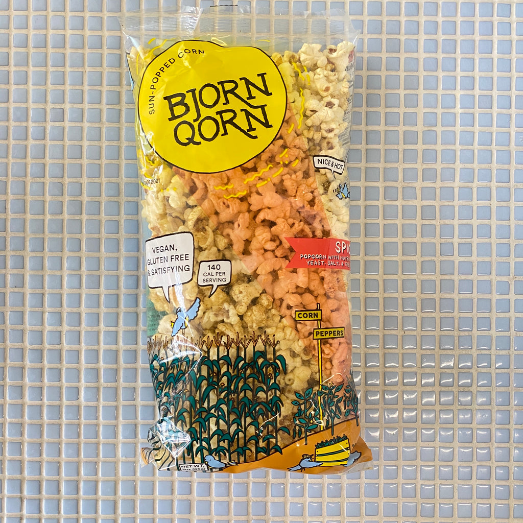 bjorn qorn spicy pop corn with nutritional yeast and salt and spice