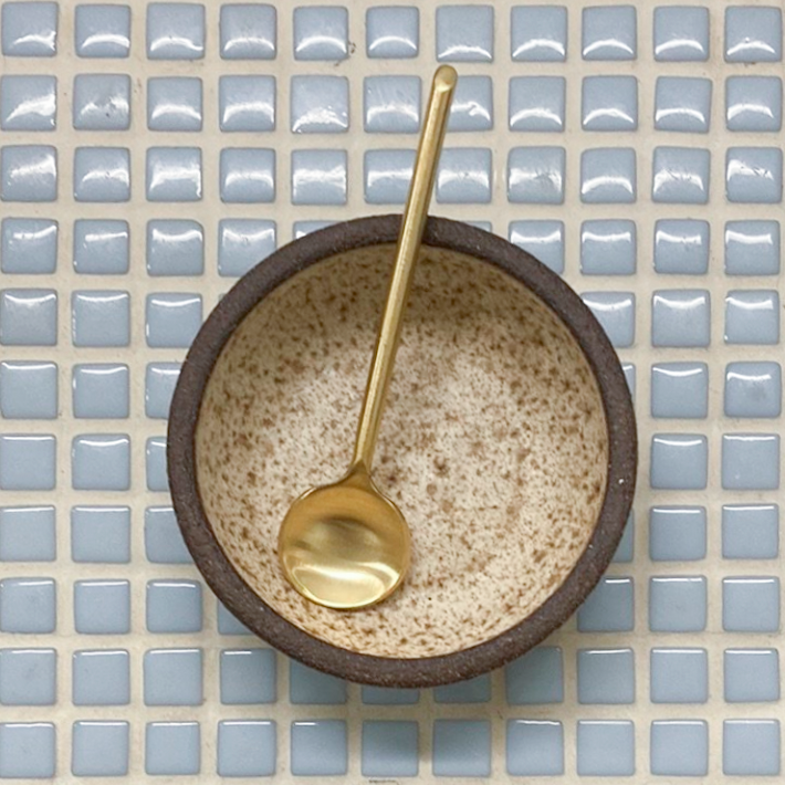 salt spice ceramic tiny bowl and brass spoon